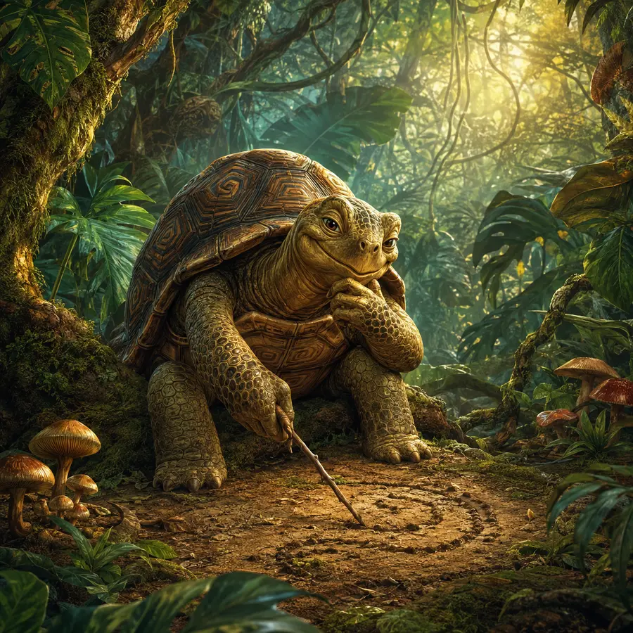 Terrapin walking through a luminous forest
