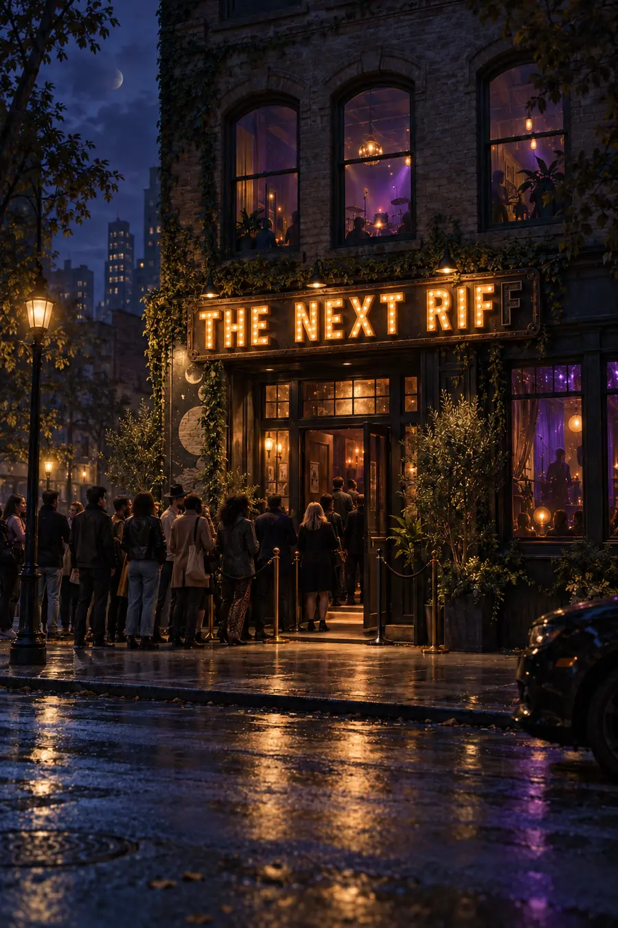A nighttime music venue with people lined up beneath The Next Riff sign, its final F unlit